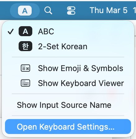 메뉴 막대에서 Open Keyboard Settings 선택